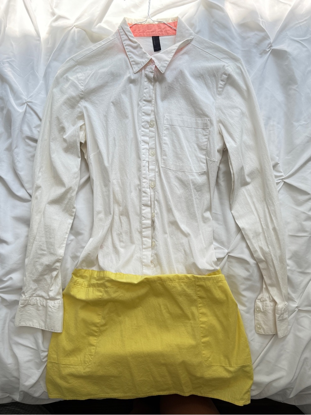 Vero Moda White Button-Up Shirt with Pink Collar and Yellow Skirt Pocket Detail